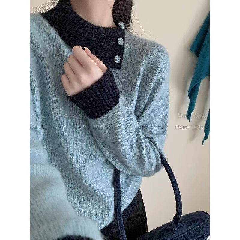 法式撞色翻領毛衣女秋冬季修身溫柔風設計感獨特針織打底內搭上衣24120603