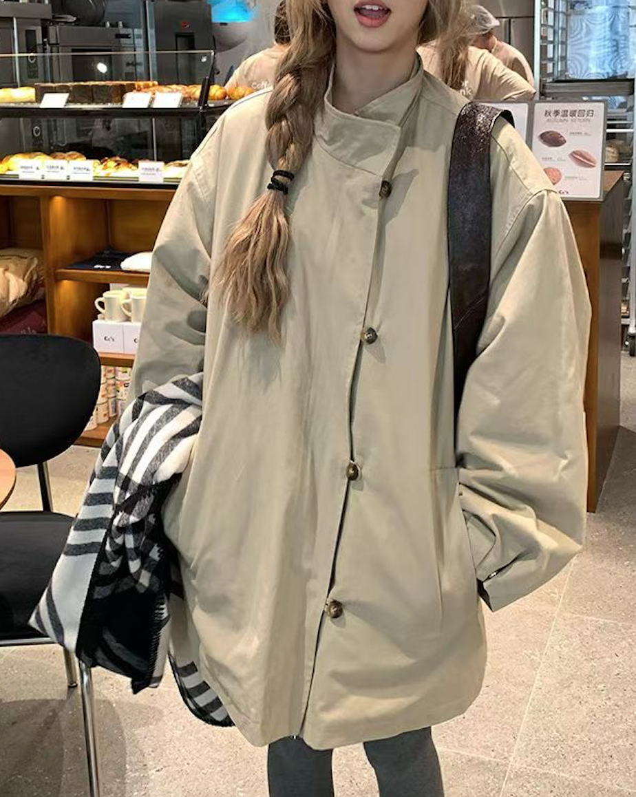 韓版卡其色拉鍊立領夾棉加厚風衣外套女裝冬季寬松棉衣休閒中長款棉服24120903