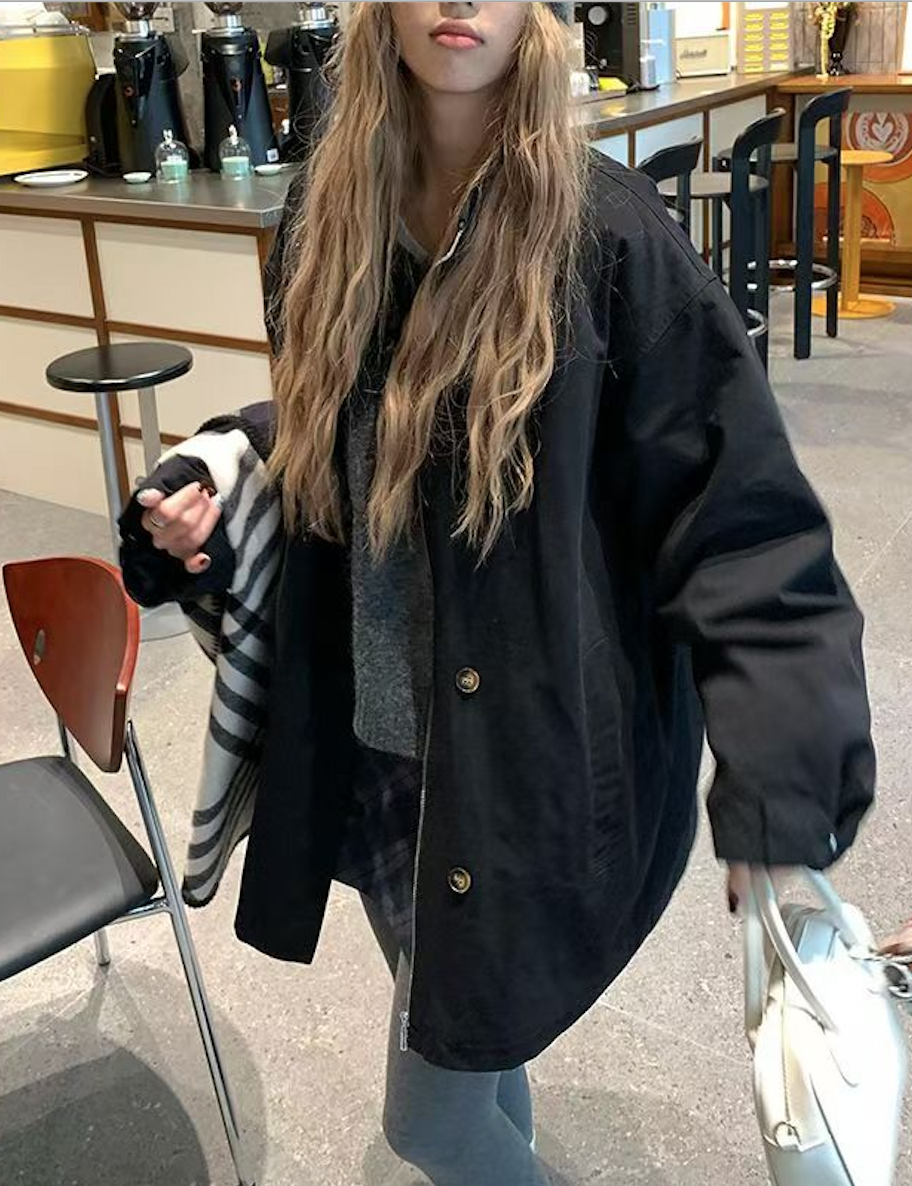 韓版卡其色拉鍊立領夾棉加厚風衣外套女裝冬季寬松棉衣休閒中長款棉服24120903