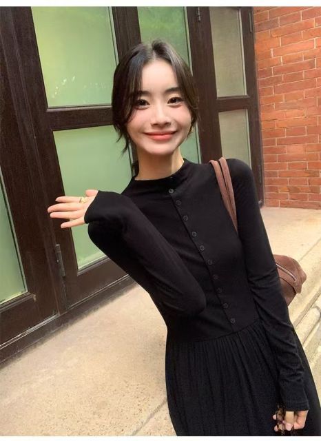韓版高級顯瘦黑色長袖針織連衣裙女秋冬韓系收腰修身氣質打底裙長裙子24121302