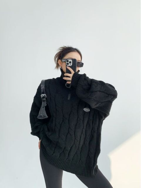 秋冬美式小眾加厚針織上衣寬松慵懶復古大拉鍊立領套頭毛衣女24121403