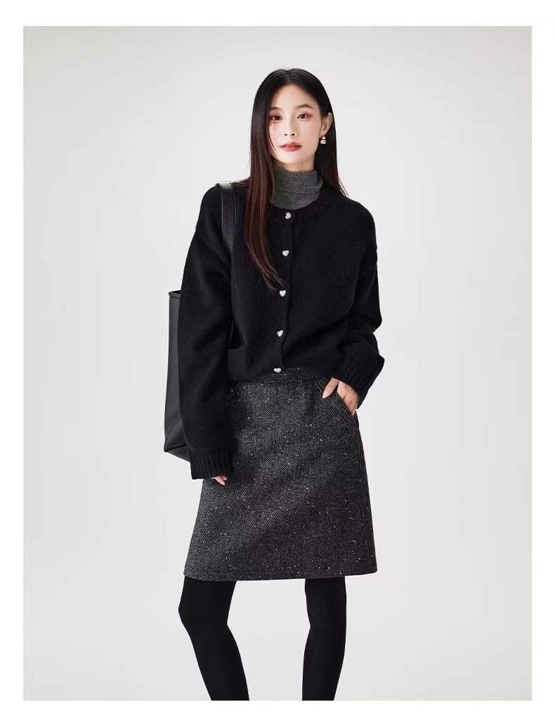 歐單高訂款閃片高腰顯瘦保暖加厚深灰色a字短裙半身裙女25010405