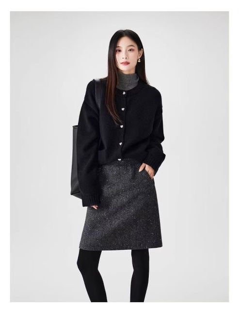 歐單高訂款閃片高腰顯瘦保暖加厚深灰色a字短裙半身裙女25010405