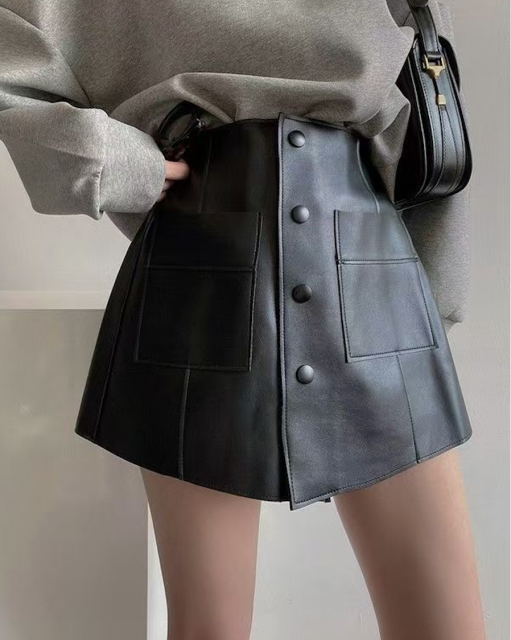 韓版辣妹高級黑色短裙女炸街減齡a字包臀時尚闊腿PU皮裙褲25010705
