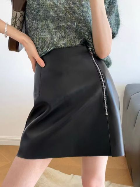 秋冬pu皮裙側拉鍊開叉大碼高腰顯瘦A字裙安可拉紅短裙氣質半身裙25011005