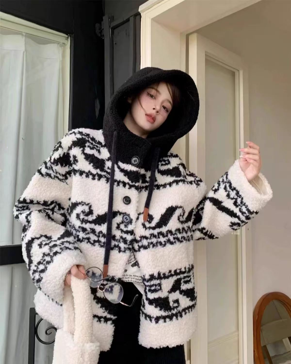 韓版鹽系OLISI慵懶開衫連帽中式毛衣外套高級冬季加厚25011502