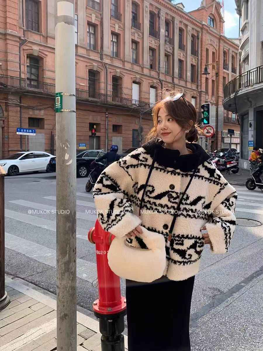 韓版鹽系OLISI慵懶開衫連帽中式毛衣外套高級冬季加厚25011502