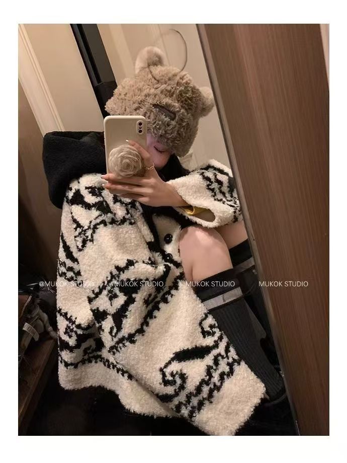 韓版鹽系OLISI慵懶開衫連帽中式毛衣外套高級冬季加厚25011502