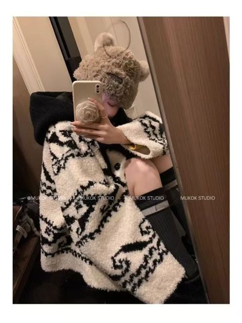 韓版鹽系OLISI慵懶開衫連帽中式毛衣外套高級冬季加厚25011502