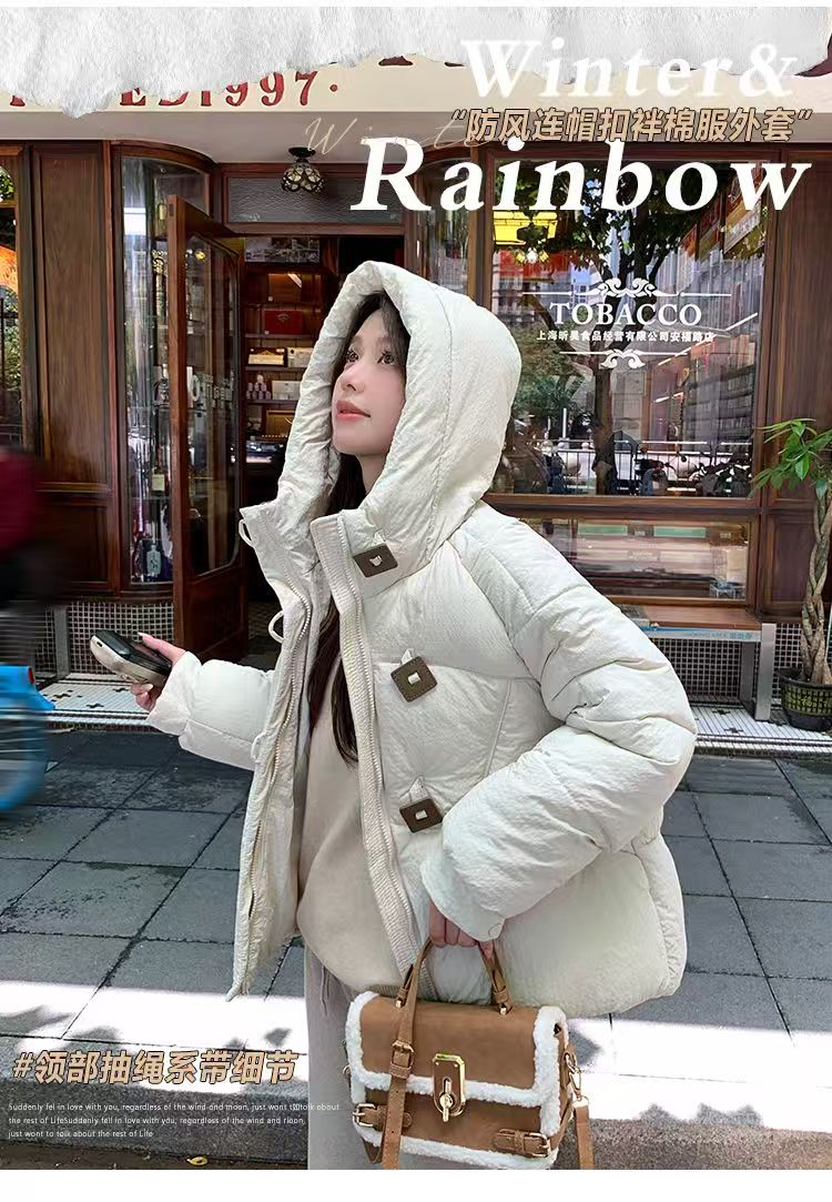 設計感方扣連帽羽絨棉服女冬季新款寬松保暖小個子麵包服外套25012402