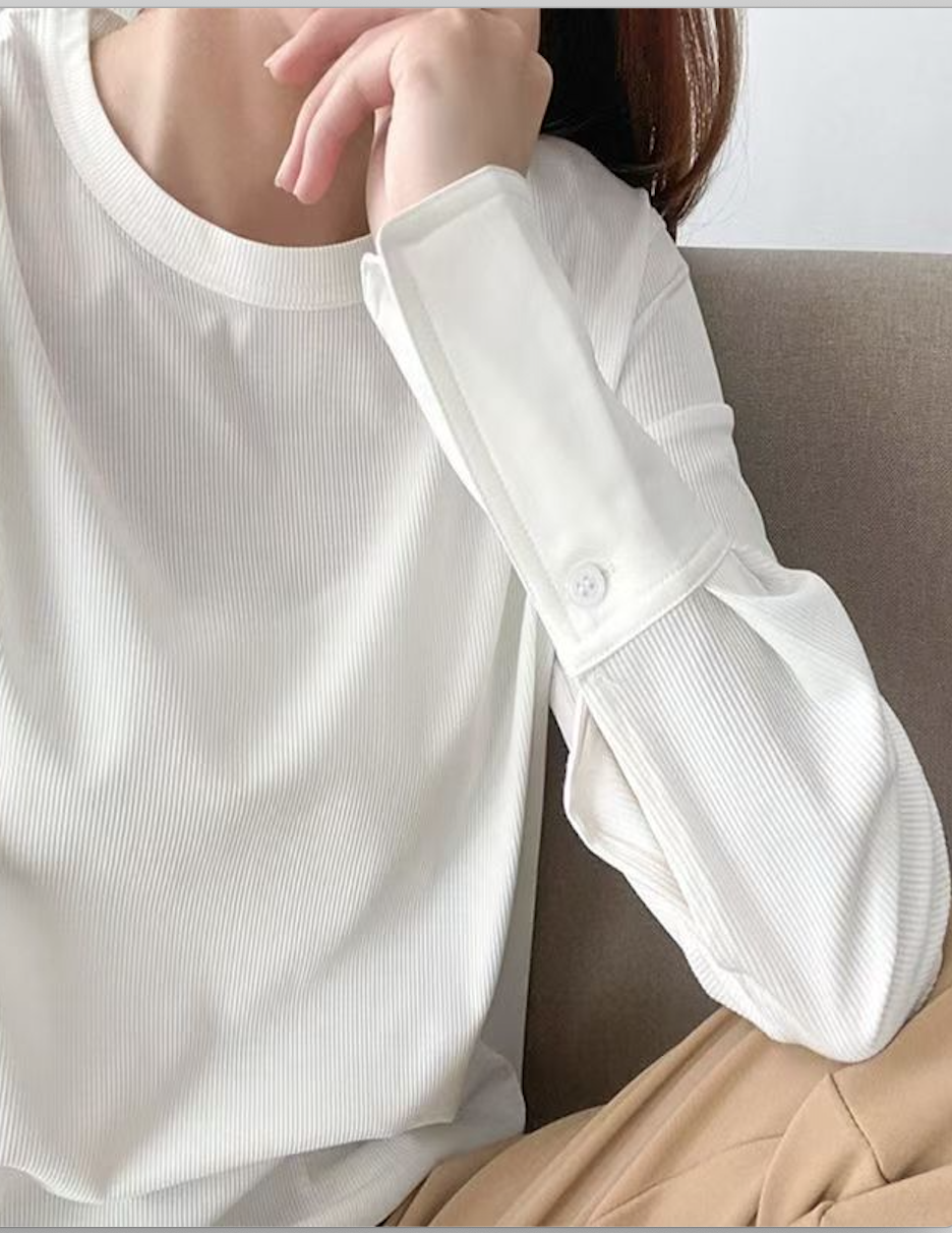 韓版百搭高級氣質小眾通勤簡約四季可穿打底T恤襯衫女裝新款長袖拼接上衣25012501