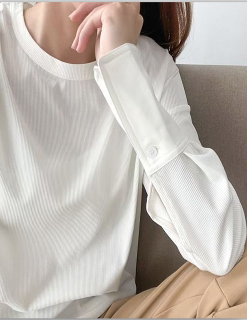 韓版百搭高級氣質小眾通勤簡約四季可穿打底T恤襯衫女裝新款長袖拼接上衣25012501