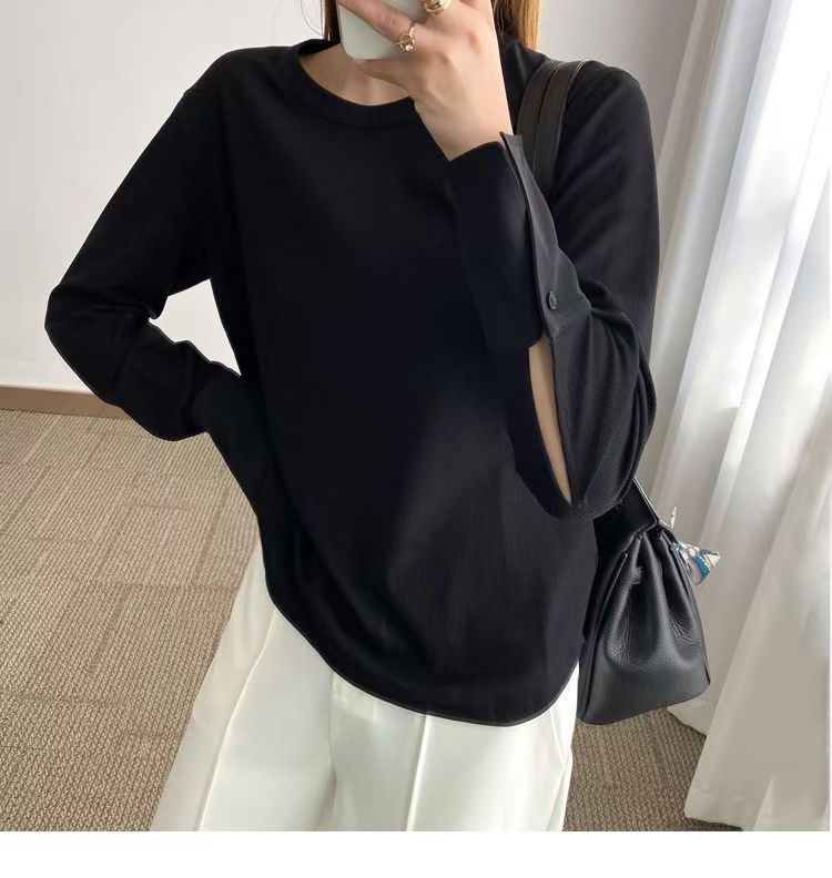 韓版百搭高級氣質小眾通勤簡約四季可穿打底T恤襯衫女裝新款長袖拼接上衣25012501