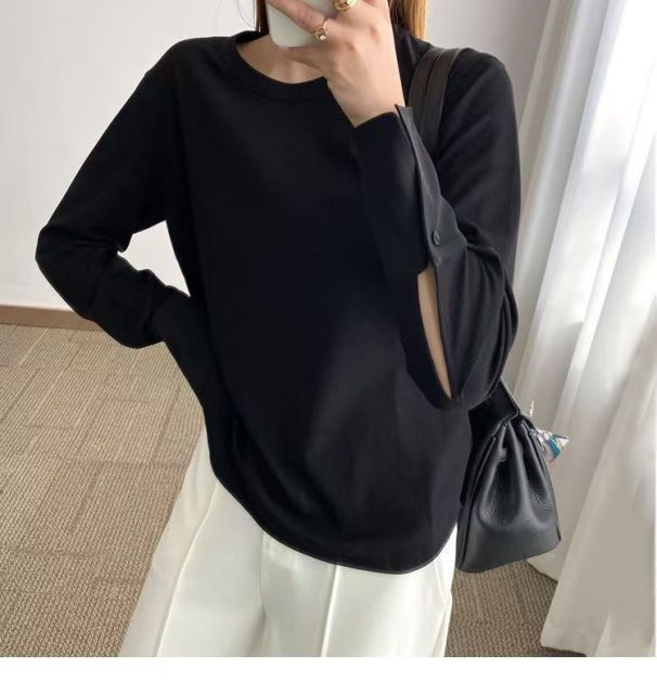 韓版百搭高級氣質小眾通勤簡約四季可穿打底T恤襯衫女裝新款長袖拼接上衣25012501
