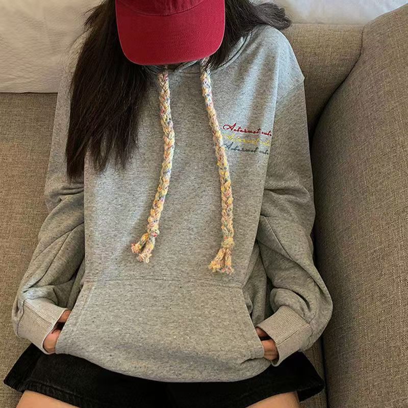 韓版高訂款混色繩連帽彩點刺繡衛衣女裝寬松慵懶風上衣潮25020301