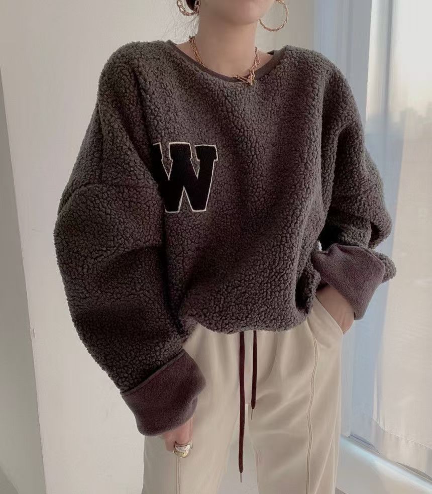 韓國秋冬大碼女裝圓領刺繡字母套頭寬松長袖保暖衛衣25020406