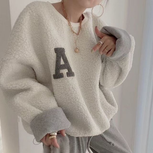 韓國秋冬大碼女裝圓領刺繡字母套頭寬松長袖保暖衛衣25020406