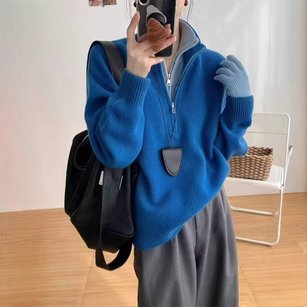 韓版毛衣韓系秋冬新款立領撞色假兩件雙拉鍊上衣女針織衫25020504