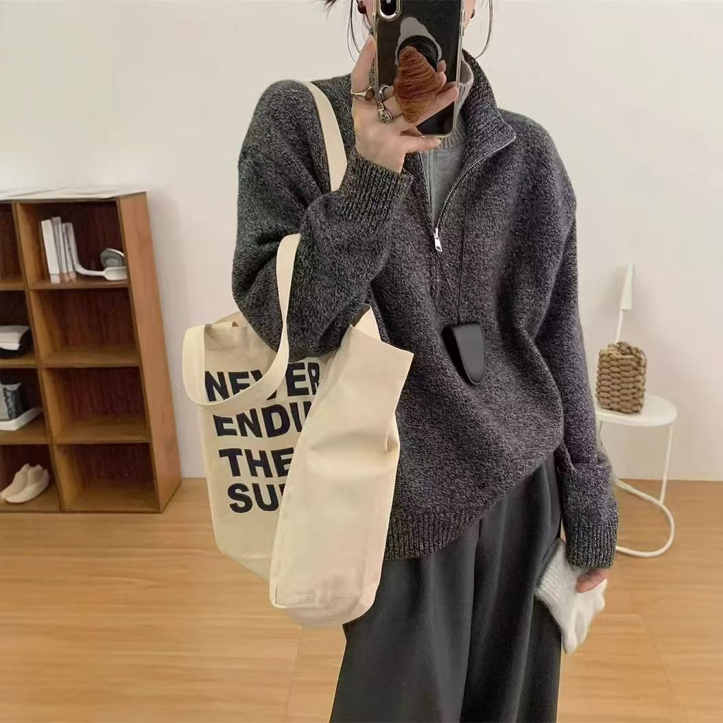韓版毛衣韓系秋冬新款立領撞色假兩件雙拉鍊上衣女針織衫25020504