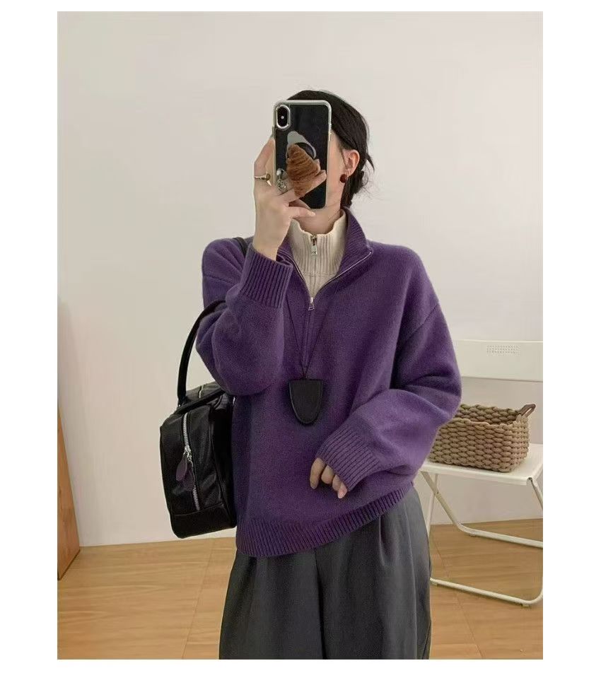 韓版毛衣韓系秋冬新款立領撞色假兩件雙拉鍊上衣女針織衫25020504