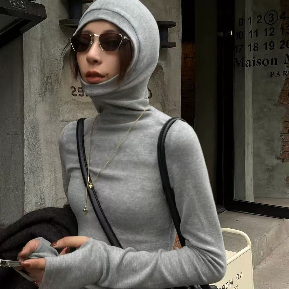 英倫風長袖連體打底衫女秋冬新款時尚洋氣修身高領連帽外穿上衣潮25020505