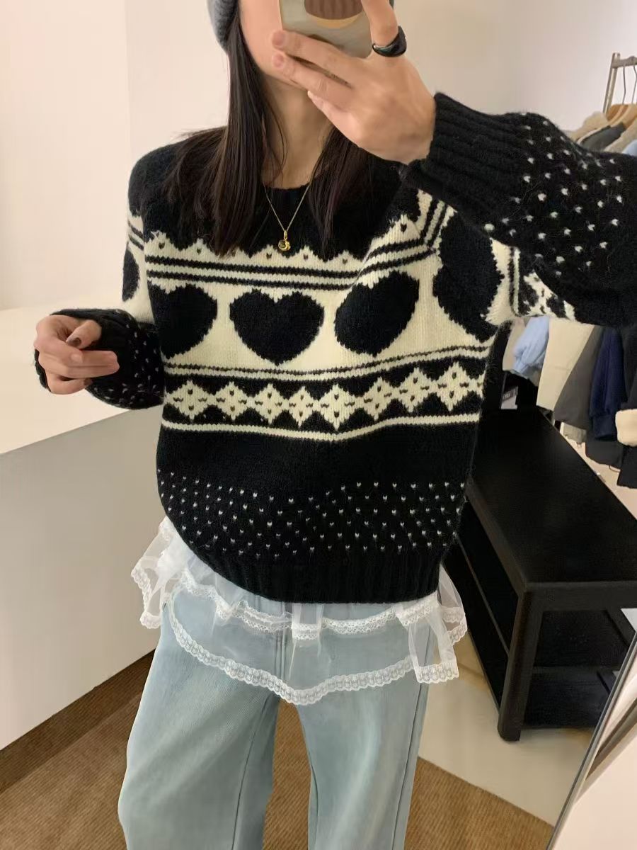 韓版愛心刺繡提花針織衫女歐洲站秋冬新款歐貨女裝時尚加厚毛衣潮25021002