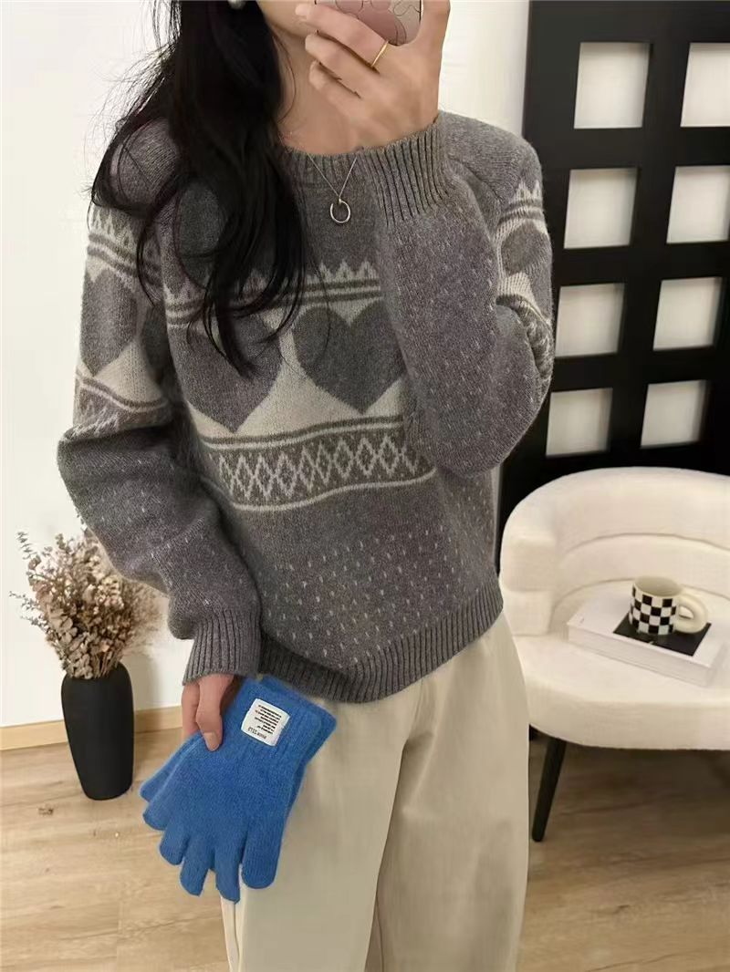 韓版愛心刺繡提花針織衫女歐洲站秋冬新款歐貨女裝時尚加厚毛衣潮25021002