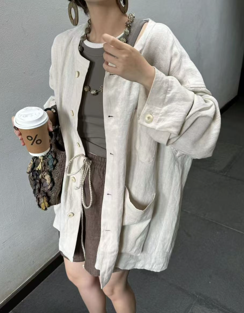韓版亞麻長袖上衣女防曬襯衫女春秋季多口袋襯衣寬松慵懶風開衫外套女25021306