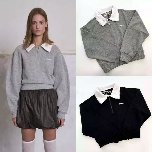 韓版春季新款韓系蕾絲邊翻領POLO衛衣女百搭舒適短款半拉鍊上衣潮25021601