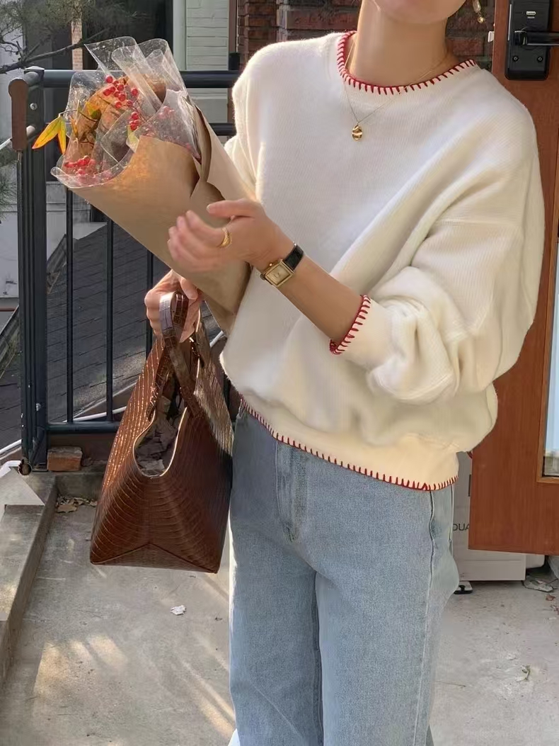 韓版韓系時尚溫柔風小個子圓領虛線拼色設計感蜜熊絨套頭針織衫毛衣女25022004