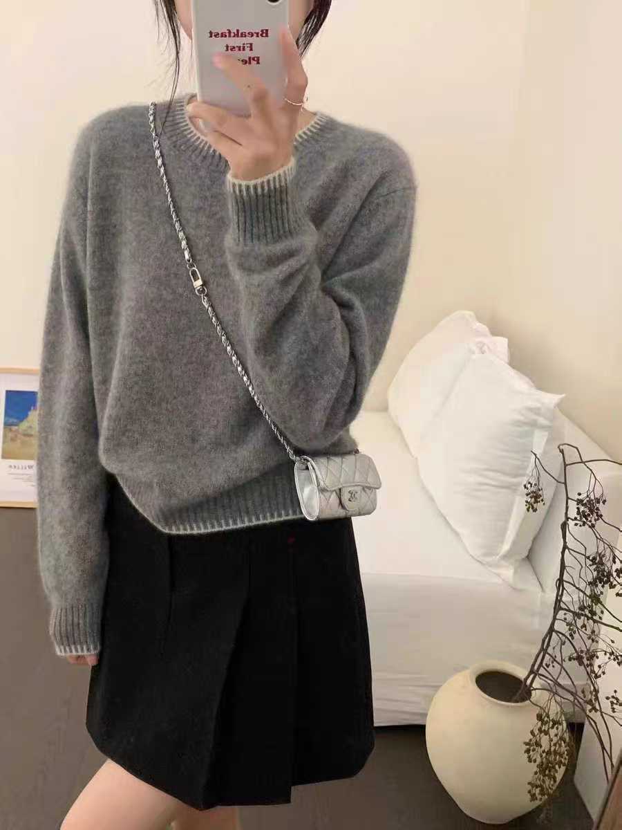 韓版韓系時尚溫柔風小個子圓領虛線拼色設計感蜜熊絨套頭針織衫毛衣女25022004