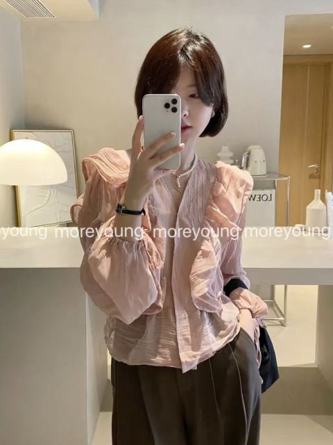 韓版韓系chic設計高級感氣質V領荷葉花邊襯衫重工溫柔法式時尚上衣女25022104