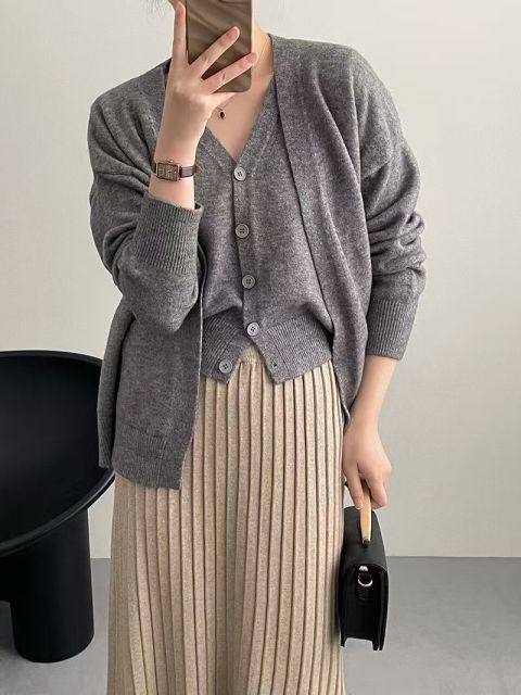 韓版秋冬新款韓版簡約v領排扣背心慵懶風針織開衫披肩兩件套毛衣套裝25022306
