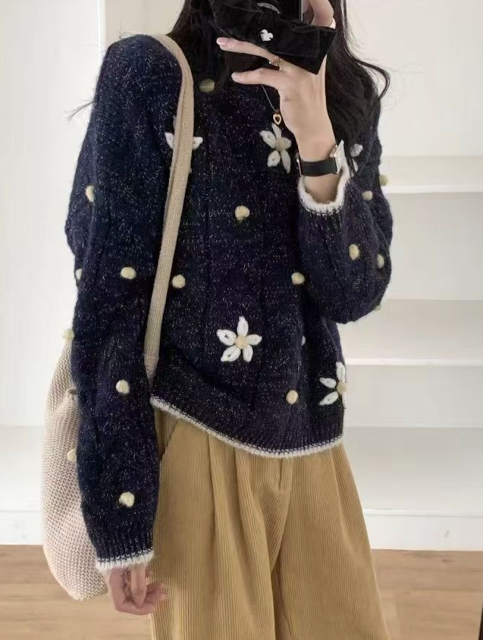 韓版復古圓領秋冬新款重工刺繡立體花朵寬松套頭毛衣針織上衣25022401