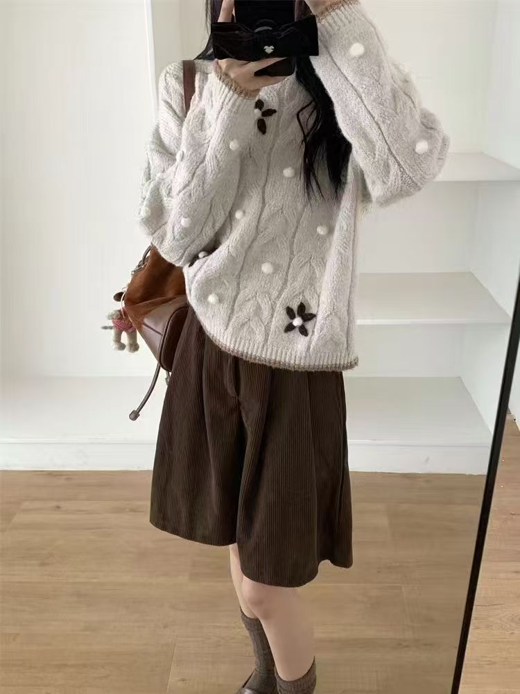 韓版復古圓領秋冬新款重工刺繡立體花朵寬松套頭毛衣針織上衣25022401