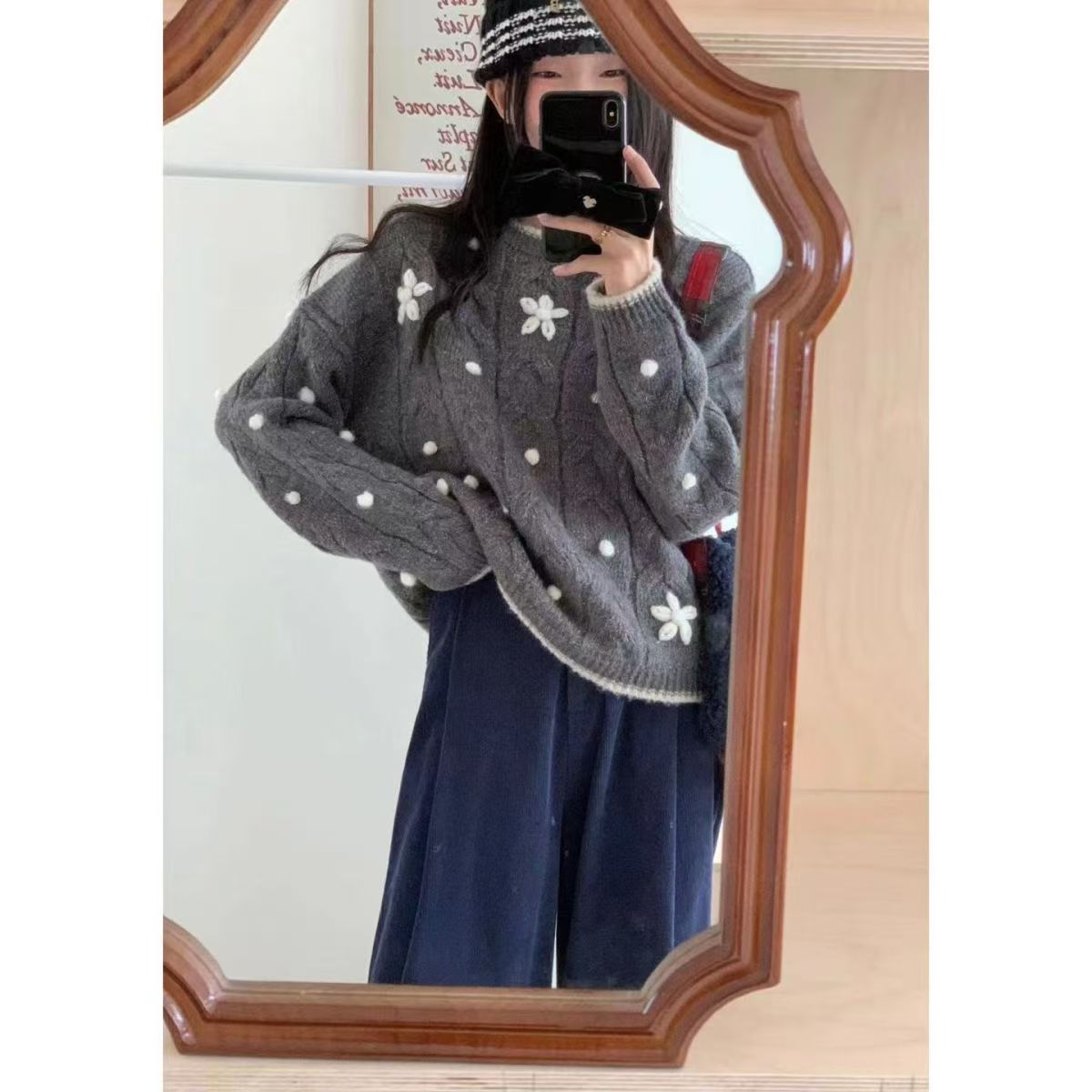 韓版復古圓領秋冬新款重工刺繡立體花朵寬松套頭毛衣針織上衣25022401