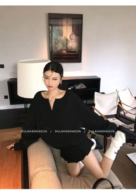 新款潮ins慵懶風時尚寬松休閒v領衛衣高腰a字百褶短裙套裝女25022705