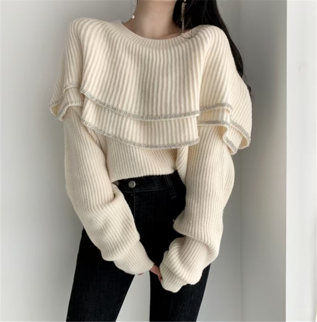 韓版韓系減齡荷葉邊露肩針織衫女春秋設計感小眾洋氣別緻獨特套頭毛衣25022806
