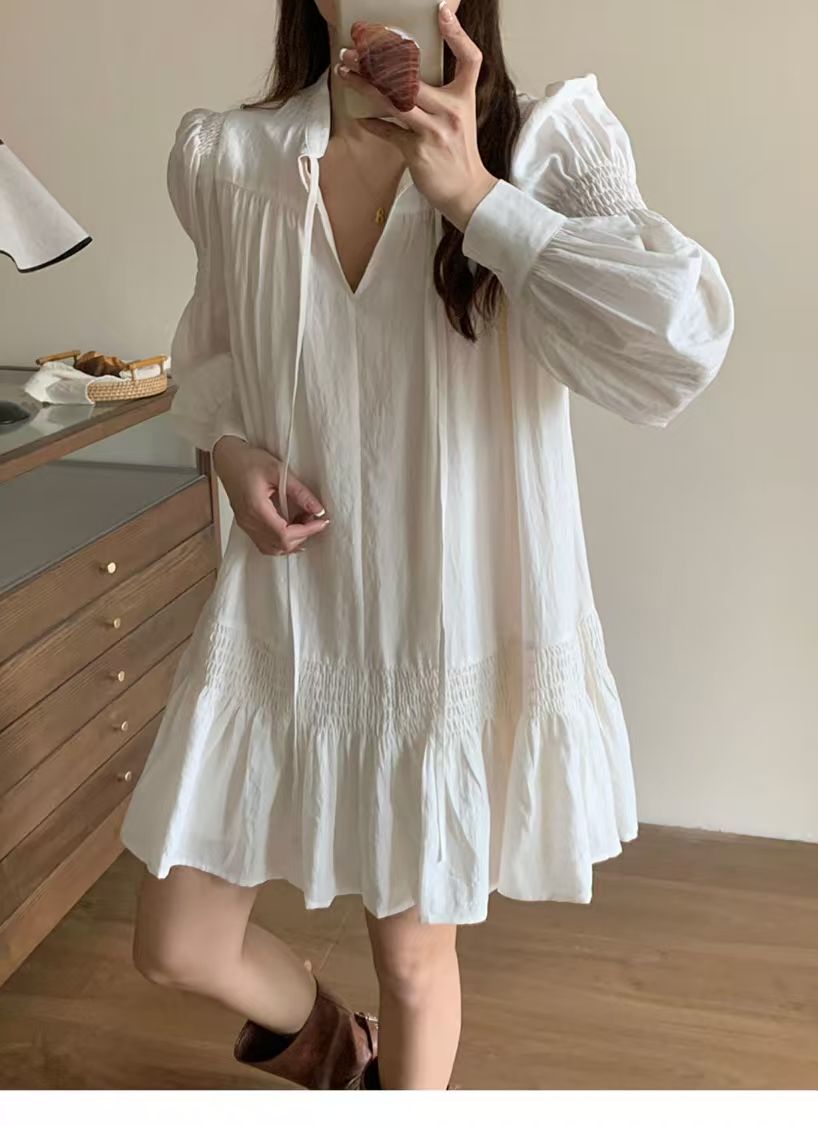 韓版法式高級白色甜美仙女系帶連衣裙氣質小個子新款純欲風娃娃裙225030301