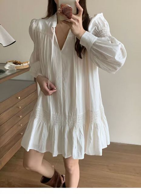 韓版法式高級白色甜美仙女系帶連衣裙氣質小個子新款純欲風娃娃裙225030301