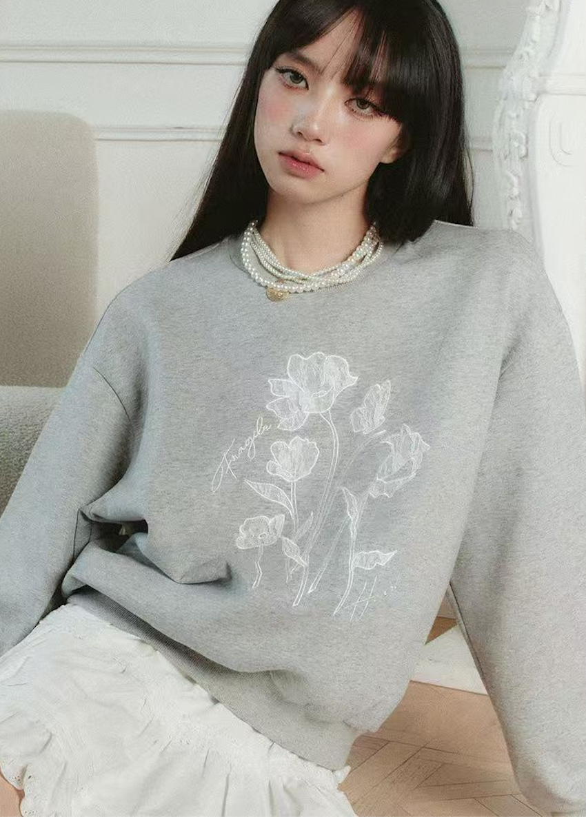 韓版純棉毛圈灰色慵懶圓領美式印花寬松百搭長袖衛衣女225030503