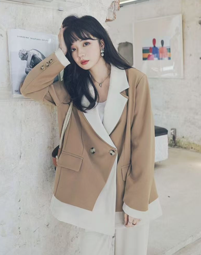 韓版拼接休閒西裝外套女小眾設計感春秋高級感炸街小西服女225030602