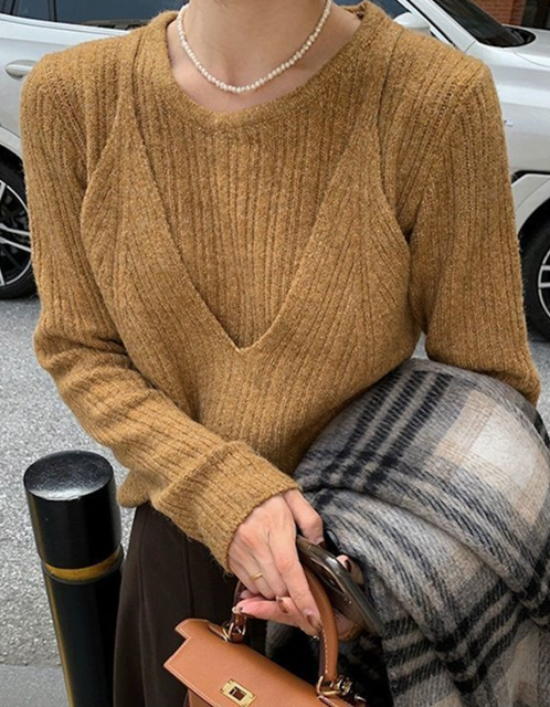 韓版抹茶故事復古氣質假兩件針織衫女新款慵懶ins風寬松毛衣25031103