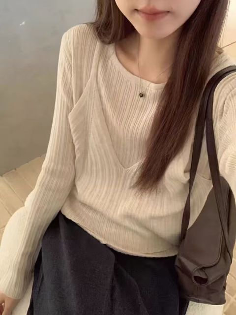 韓版抹茶故事復古氣質假兩件針織衫女新款慵懶ins風寬松毛衣25031103