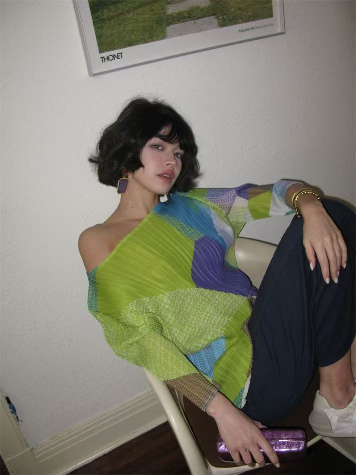 韓版時尚撞色T恤褶皺新款高級夏季設計七分上衣25031302