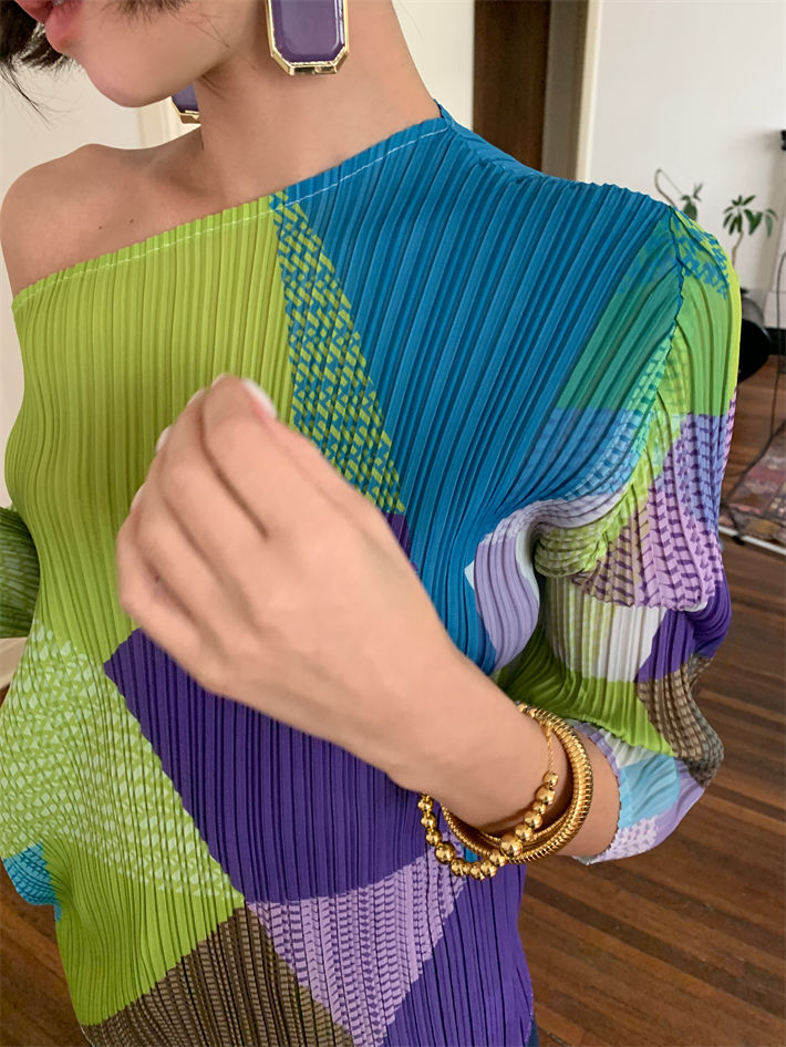 韓版時尚撞色T恤褶皺新款高級夏季設計七分上衣25031302