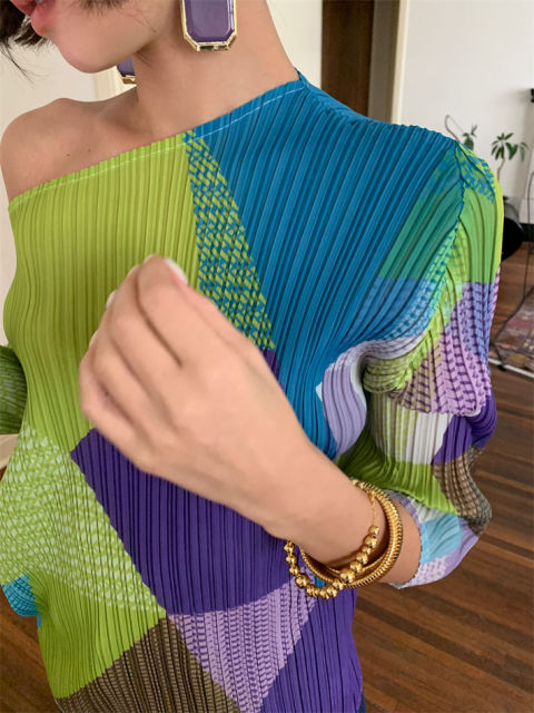 韓版時尚撞色T恤褶皺新款高級夏季設計七分上衣25031302