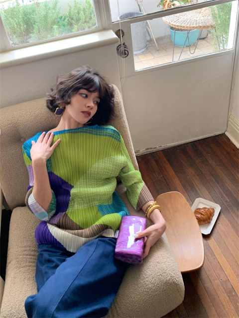 韓版時尚撞色T恤褶皺新款高級夏季設計七分上衣25031302