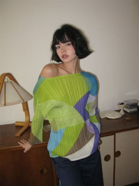 韓版時尚撞色T恤褶皺新款高級夏季設計七分上衣25031302