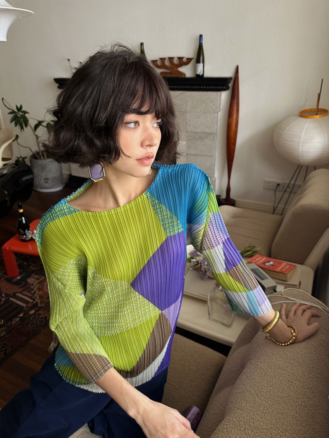 韓版時尚撞色T恤褶皺新款高級夏季設計七分上衣25031302